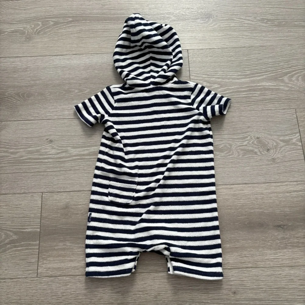 Snapper Rock Kids Navy‎ Blue White Stripe Pocket Hooded Romper 6-12 Months